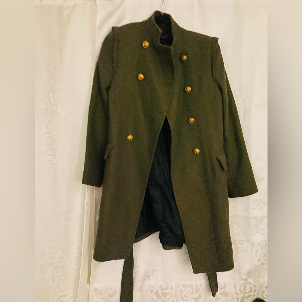 Double breasted coat. Olive green with gold buttons. Size small. Gently used
